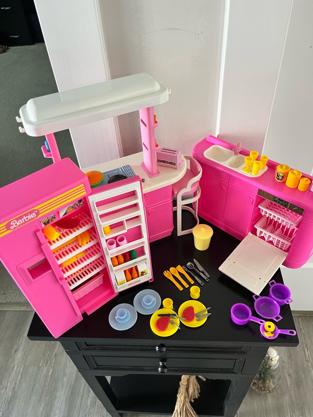 Barbie Vintage Pink and White Toy Kitchen Playset. & accessories